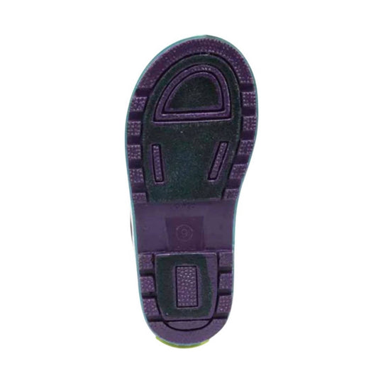 Purple rain boot sole with black tread pattern