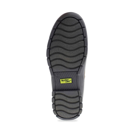 Black rubber boot sole with wavy tread and a Western Chief logo near the heel