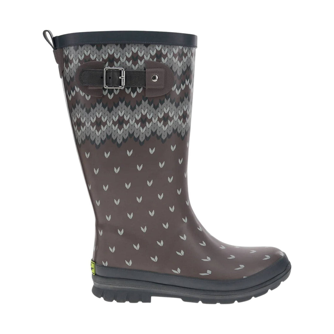 Brown patterned tall rain boot with black trim, buckle strap, and lug sole
