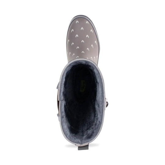 Taupe rain boot with white leaf pattern and black faux-fur lining, shown from above