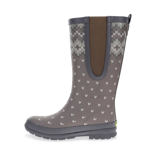 Taupe knee-high rain boot with a gray sole, patterned shaft, and side elastic gusset