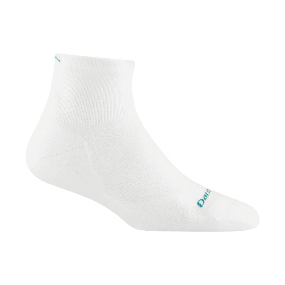 White quarter-length running sock with a small teal logo near the toe and a tiny teal accent at the cuff
