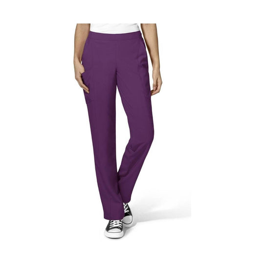 Purple straight-leg cargo scrub pants with side pockets, shown on a model with black sneakers