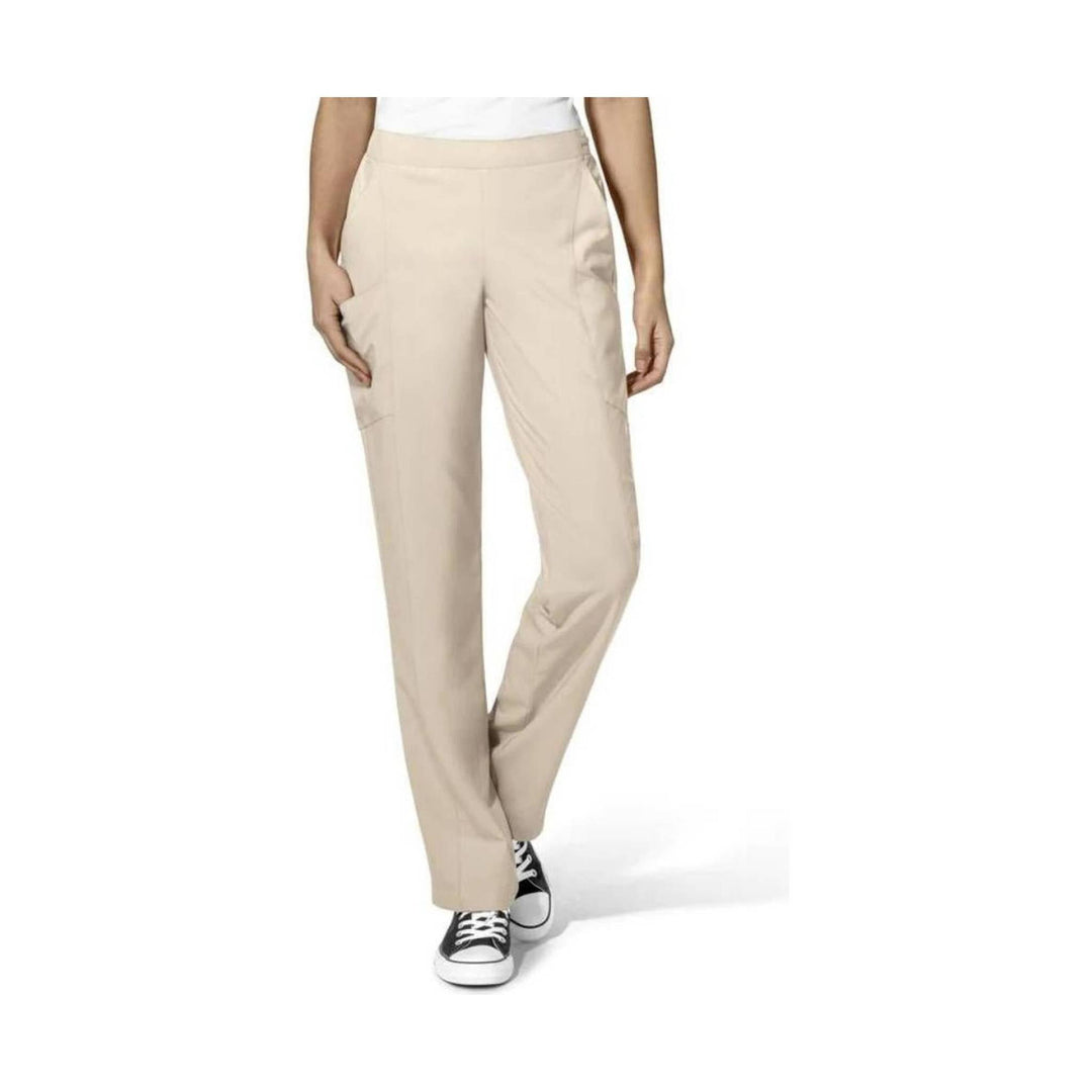 Beige straight-leg scrub pants with an elastic waist and side pockets