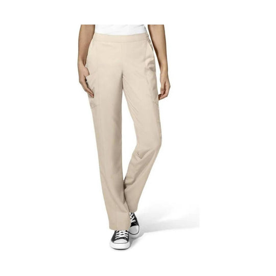 Beige straight-leg scrub pants with an elastic waist and side pockets