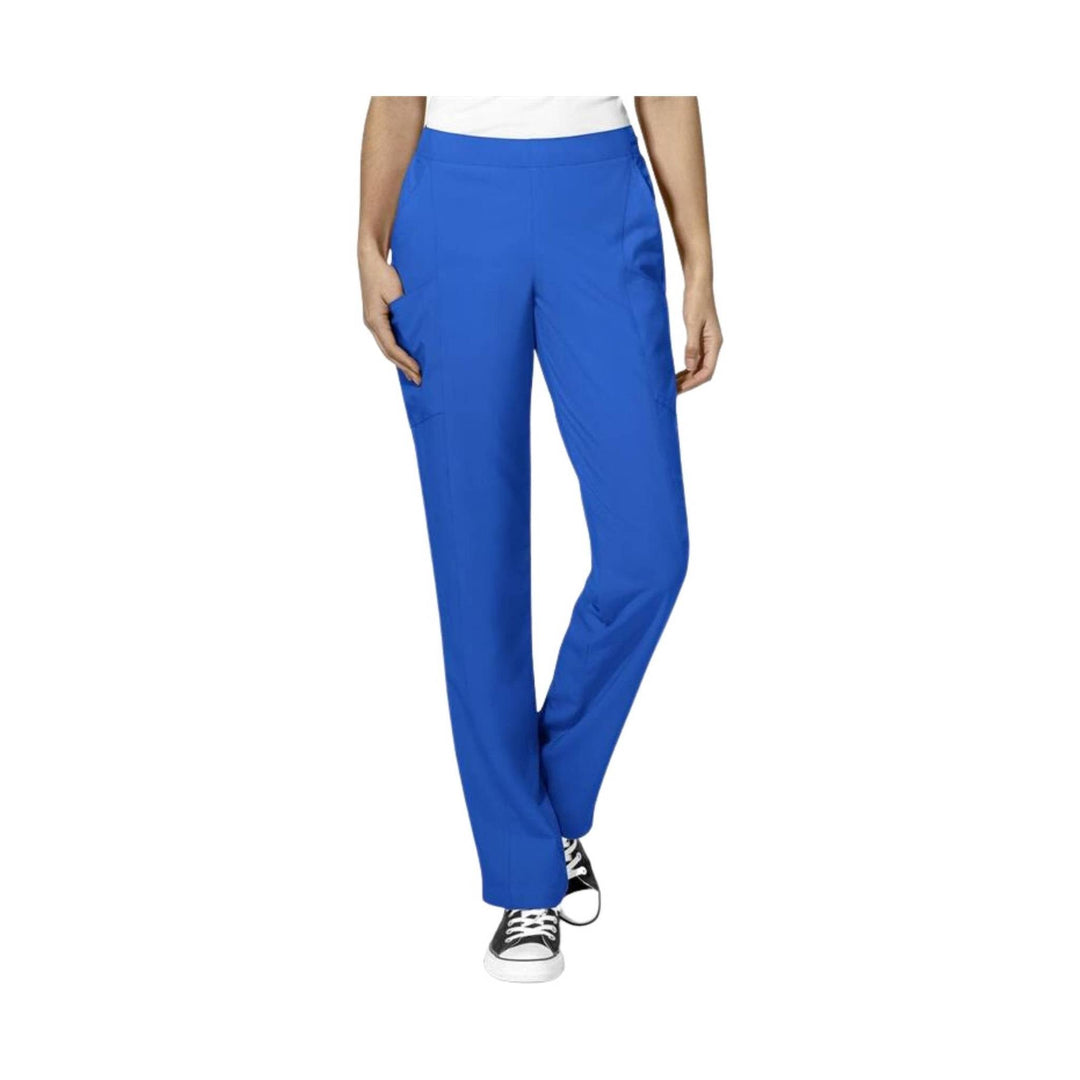 Royal blue pull-on scrub pants with straight legs and side pockets, shown on a model