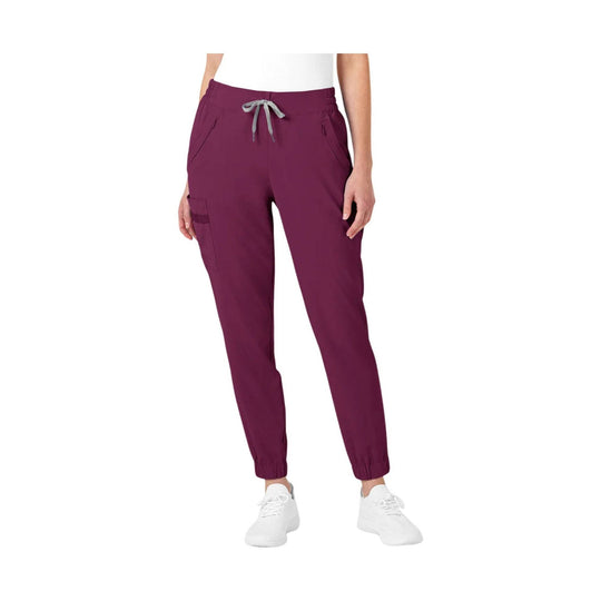 Burgundy jogger scrub pants with drawstring waist, side pockets, and tapered ankles