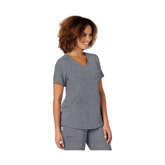 Gray short-sleeve V-neck scrub top with side pockets