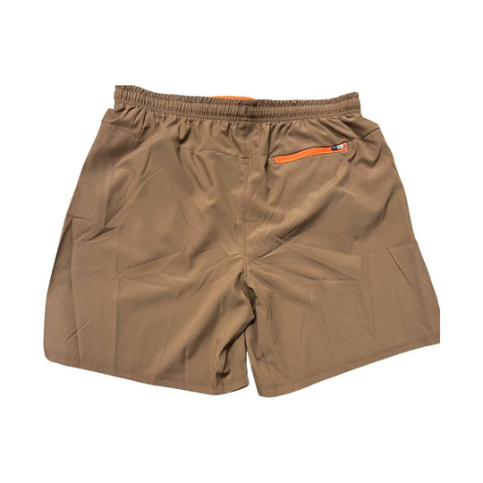 Brown athletic shorts with an orange zippered back pocket