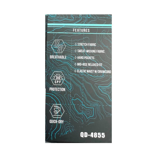 Black product tag with teal contour lines listing breathable, quick-dry, 30 SPF protection, and fabric features