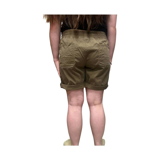 Khaki cargo shorts shown from the back with rolled cuffs and large back pockets