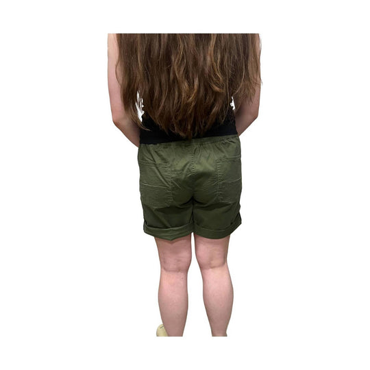 Olive cargo shorts viewed from the back with rolled cuffs, patch pockets, and an elastic waistband