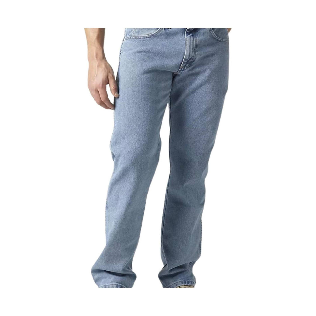 Light blue straight-leg jeans shown on a model