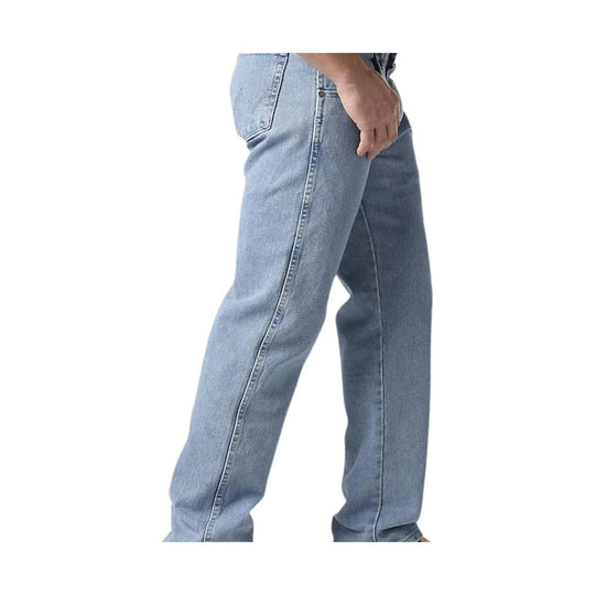 Light blue straight-leg jeans shown from the side