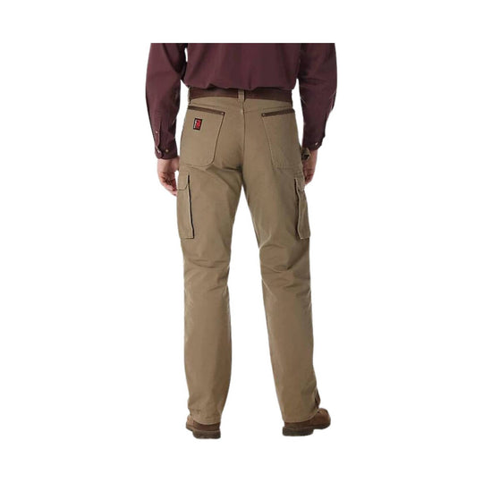 Tan cargo pants shown from the back with rear flap pockets and side cargo pockets