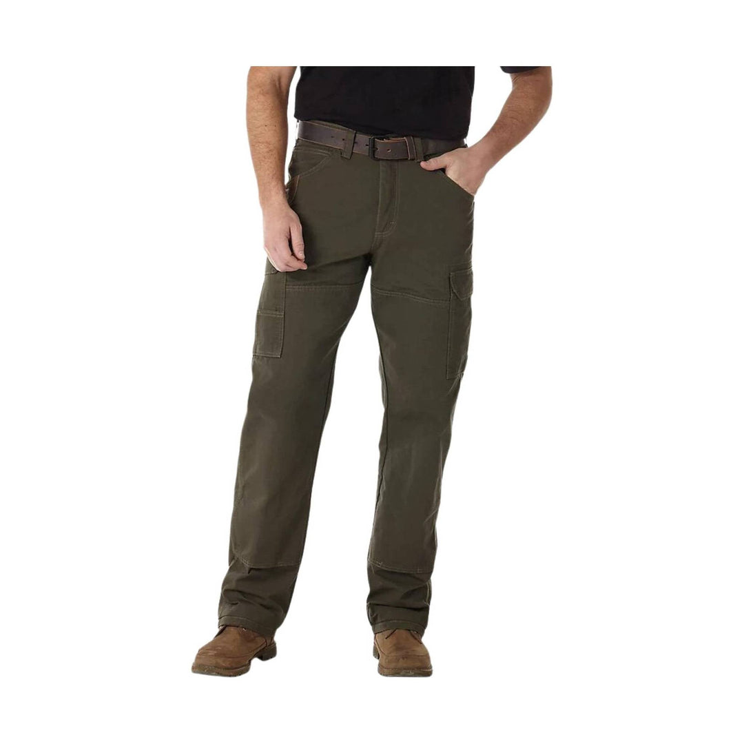 Men’s olive cargo pants with side and thigh pockets, shown with a belt and brown shoes