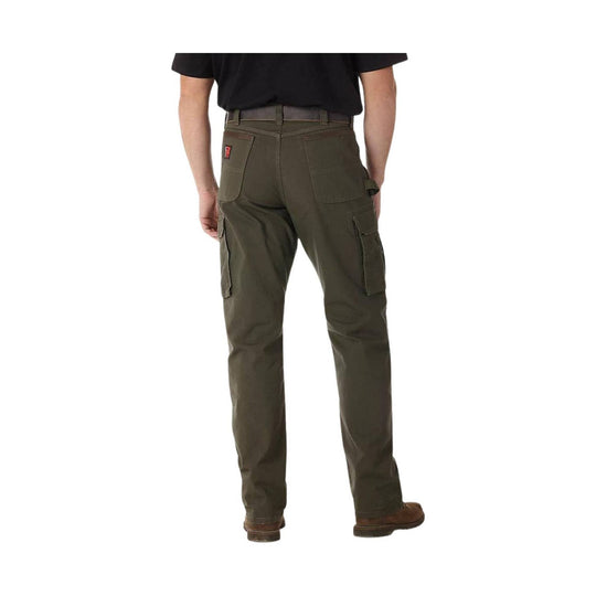 Olive green cargo pants shown from the back with large pockets and straight legs