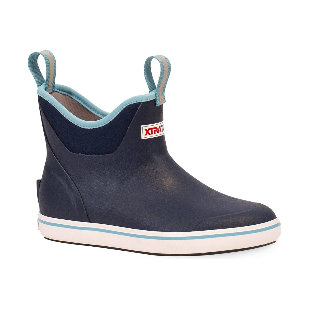 Navy pull-on rain boot with light blue trim, pull tabs, and a white sole