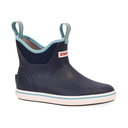 Navy pull-on rain boot with light blue trim, pull tabs, and a white sole