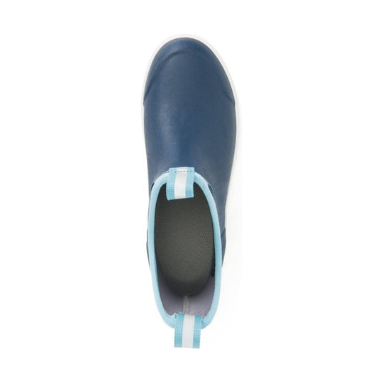 Top-down view of a navy rain boot with light blue trim and pull tabs
