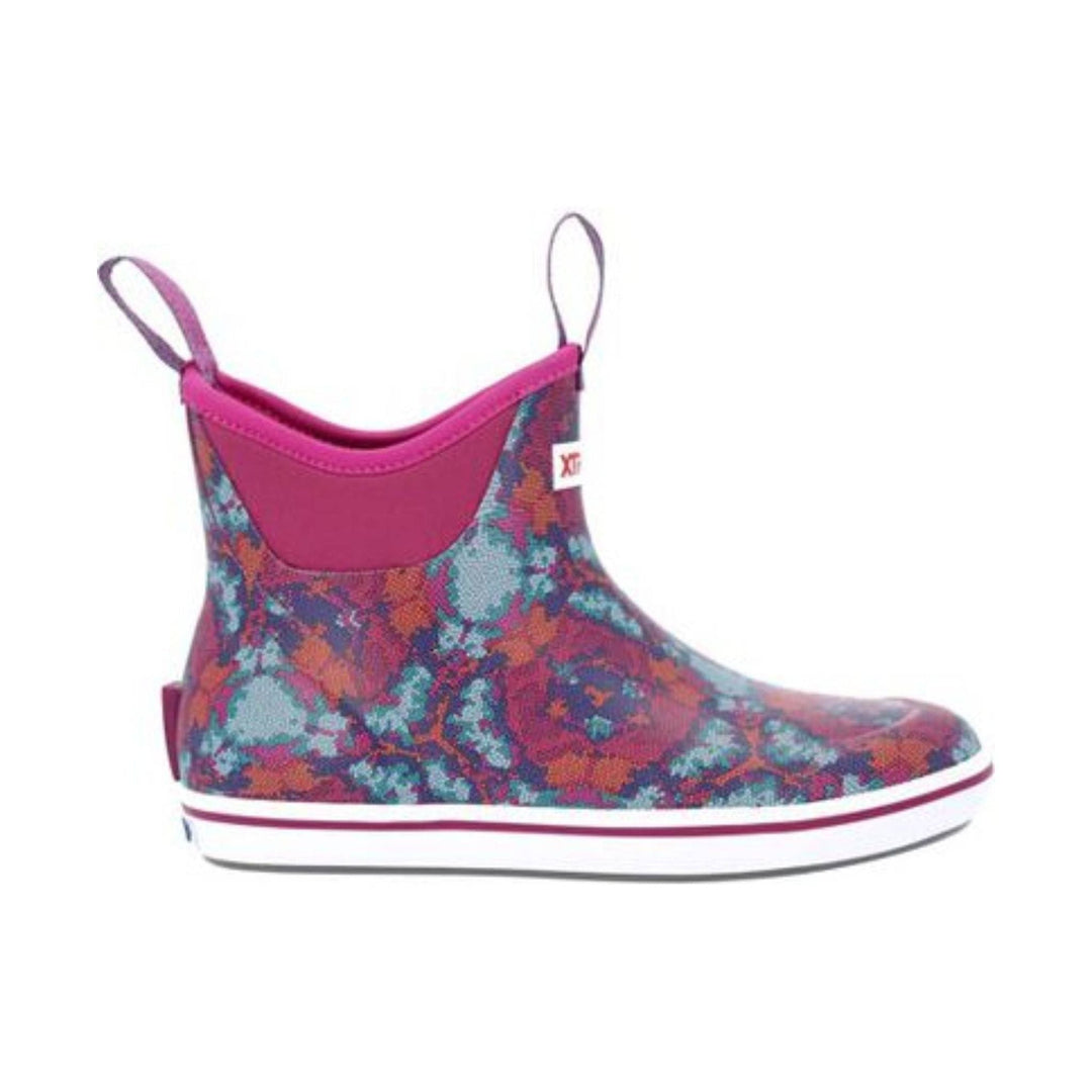 Floral ankle deck boot with pink trim, pull loops, and white sole