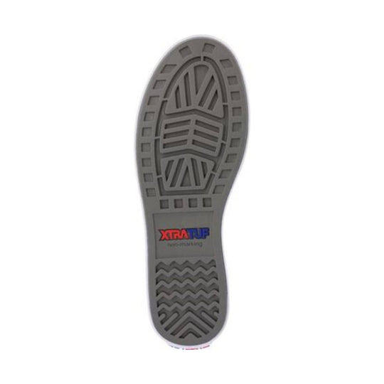 Gray boot outsole with tread pattern and XTRATUF logo near the heel