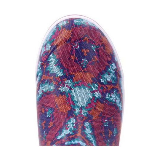 Colorful patterned rubber boot toe with pink, purple, teal, and orange scale-like print