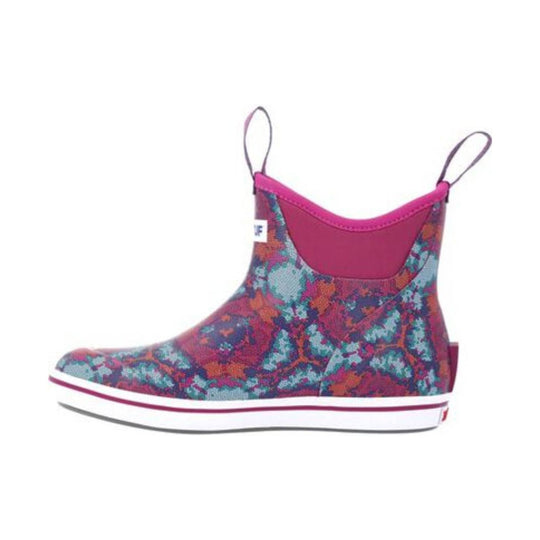 Colorful floral ankle deck boot with pink trim, side pull loops, and a white platform sole