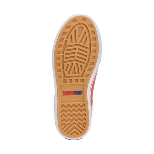 Tan rubber outsole of a deck boot with tread pattern and XTRATUF branding