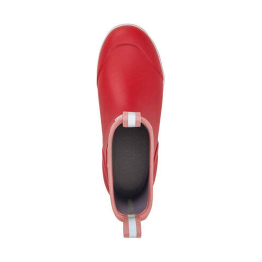 Red ankle deck boot with a black interior and pink pull tabs at the top and heel