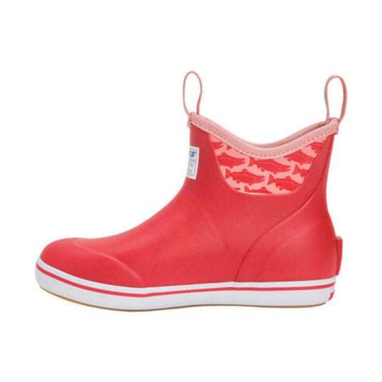 Coral red ankle rain boot with pink lining, white sole stripe, and pull tabs