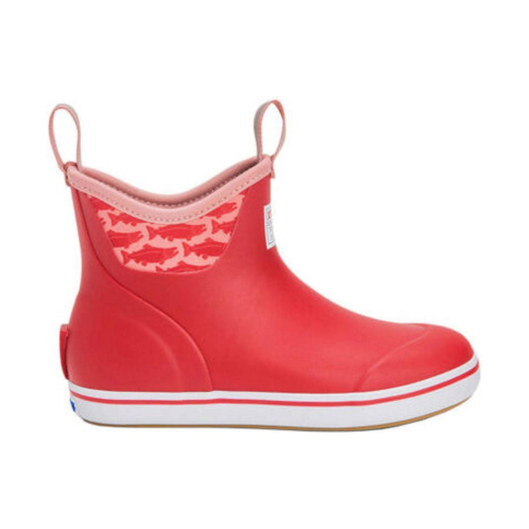 Red ankle rain boot with pink trim, pull loops, and white striped sole
