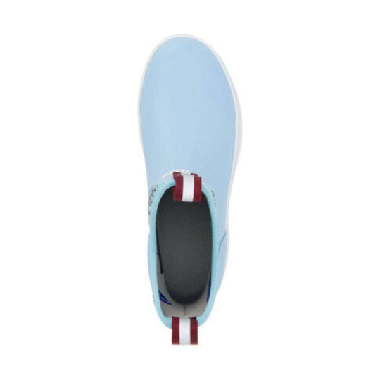 Light blue ankle rain boot with red-and-white pull tabs, seen from above.