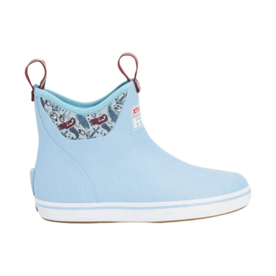 Light blue ankle deck boot with red pull loops and a patterned collar lining