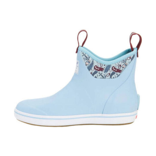 Light blue ankle deck boot with printed lining and pull tabs