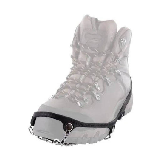 Light gray winter boot with black traction strap and metal connectors