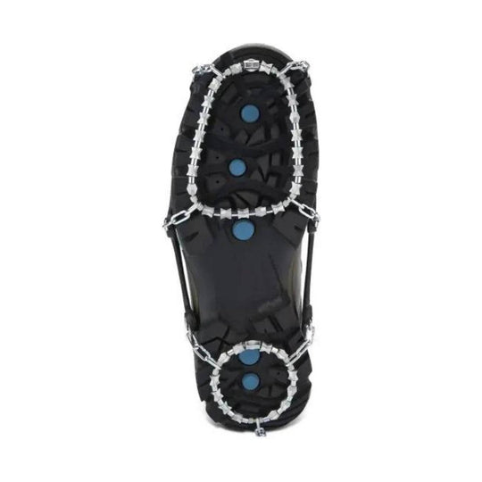 Black traction cleat with metal coil chains and blue heel and toe grips, viewed from above