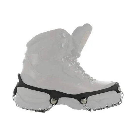 White winter boot with black outsole traction spikes and metal chain cleats