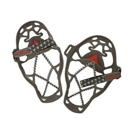 Pair of brown traction cleats with red heel pads and black straps