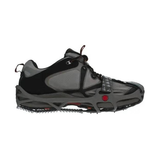 Black and gray trail-running shoe with traction spikes and a side strap