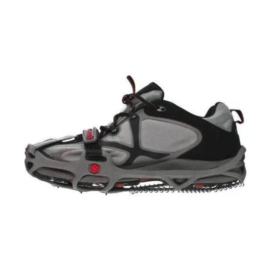 Gray and black trail shoe with a traction sole and red accents, side view