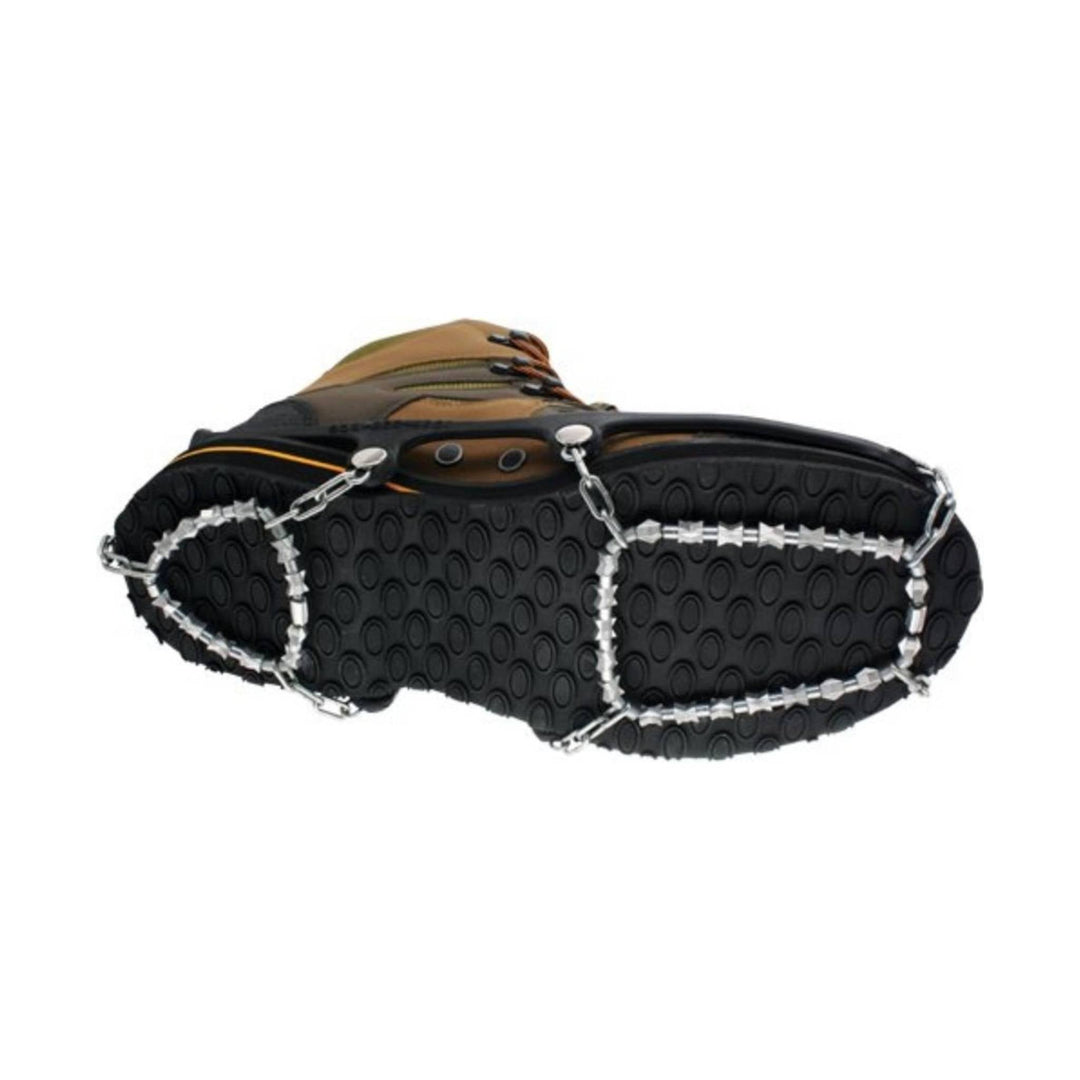 Boot sole with black tread and metal traction chains