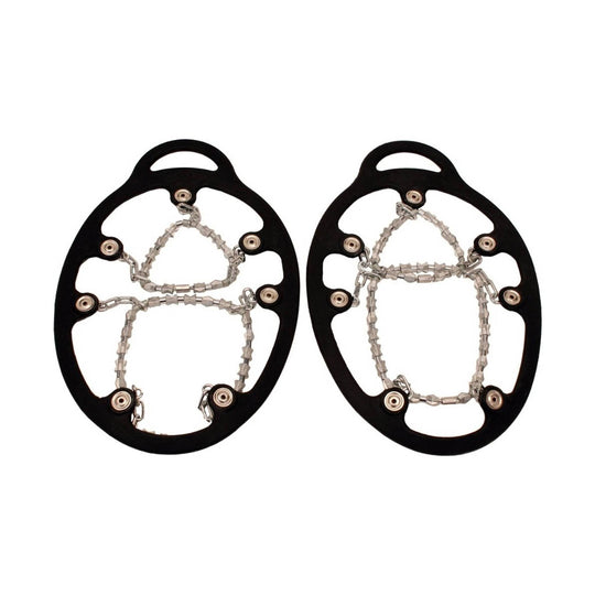 Pair of black oval traction devices with metal chains and spikes