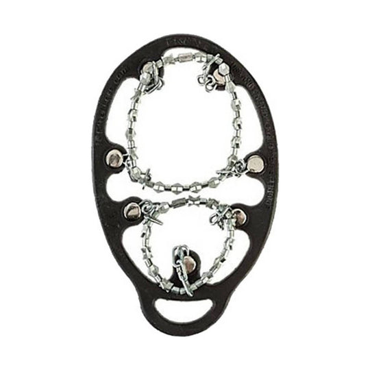 Black rubber traction device with metal chain spikes and heel and toe loops