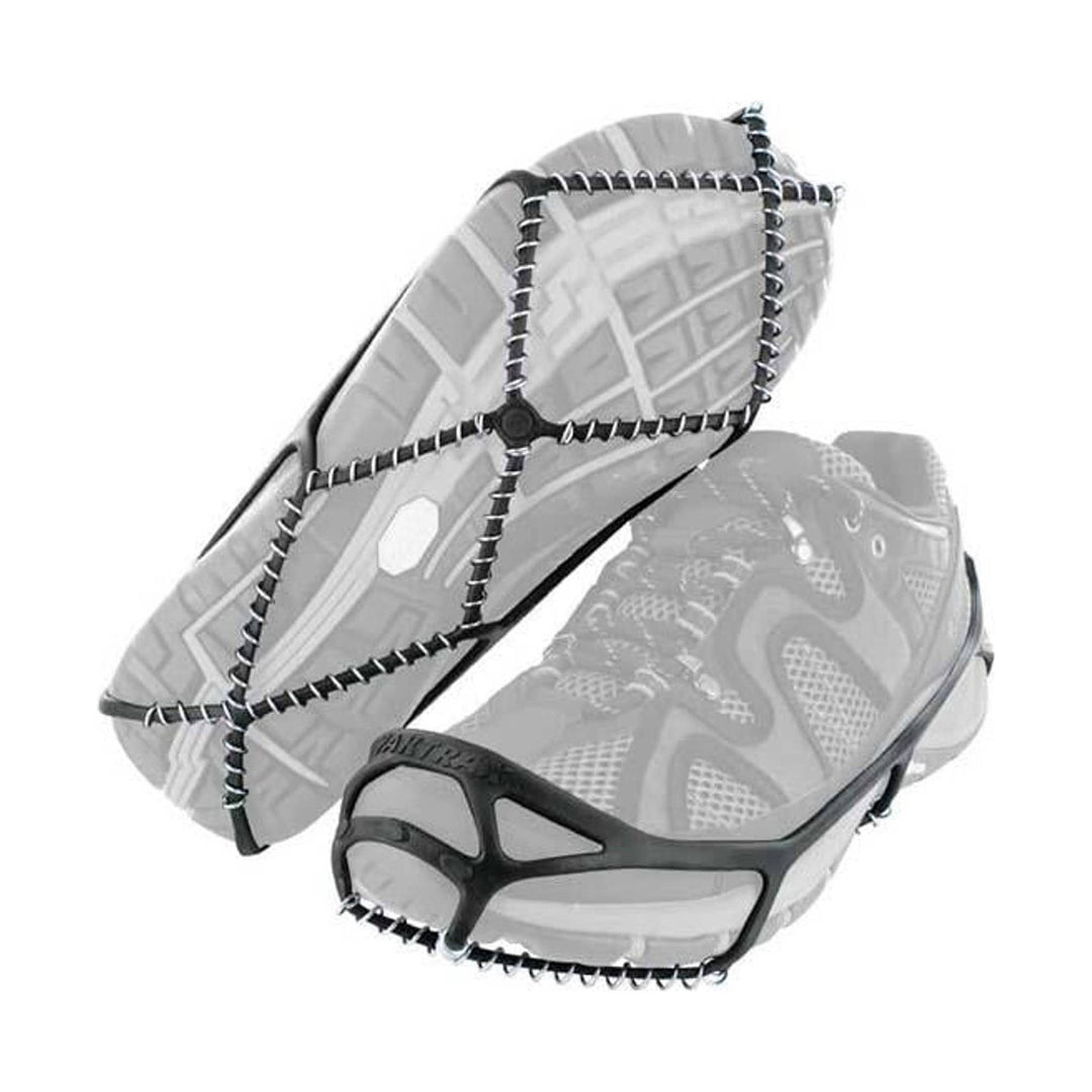 Pair of black and gray shoe traction cleats with coiled wire grips