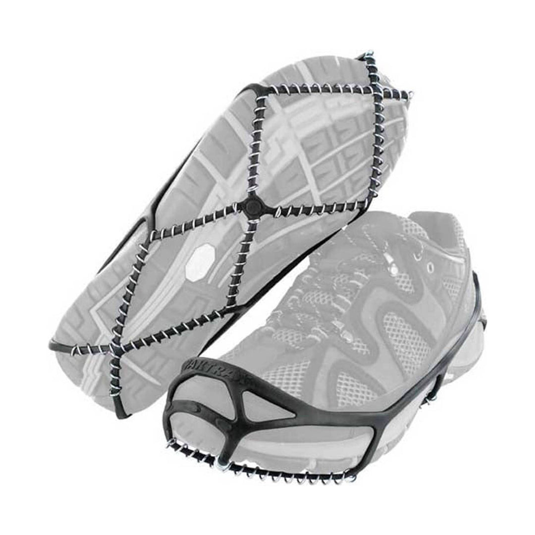 Pair of black rubber shoe traction cleats with metal coil spikes, shown overlapping on a white background
