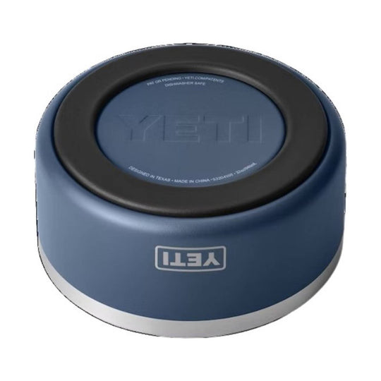 Blue YETI pet bowl with black rim and white base, shown upside down