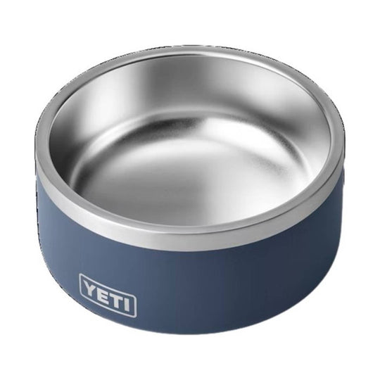 Blue insulated pet bowl with a stainless steel interior