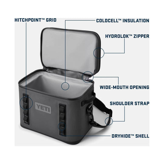 Gray insulated soft cooler with shoulder strap and wide-mouth zipper opening, labeled with feature callouts