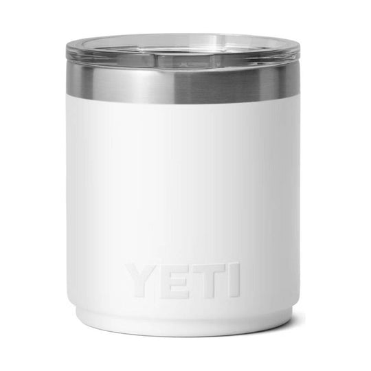 White insulated tumbler with stainless steel rim and clear lid, embossed YETI logo